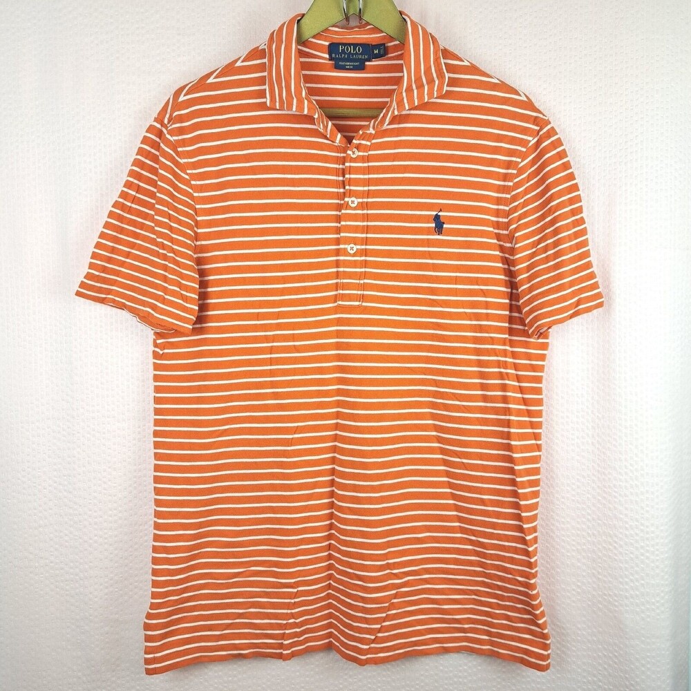 Polo Ralph Lauren Shirt Men's M Orange Striped Featherweight Mesh Short Sleeve